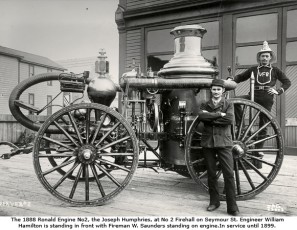 beginnings1888_Ronald_No_2_Pump_Joseph_Humphries_at_No_2_with_Engineer_Hamilton_and_Fireman_Saunders